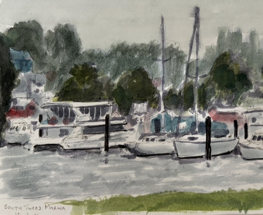 Watercolour painting of boats at South Tweed Marina
